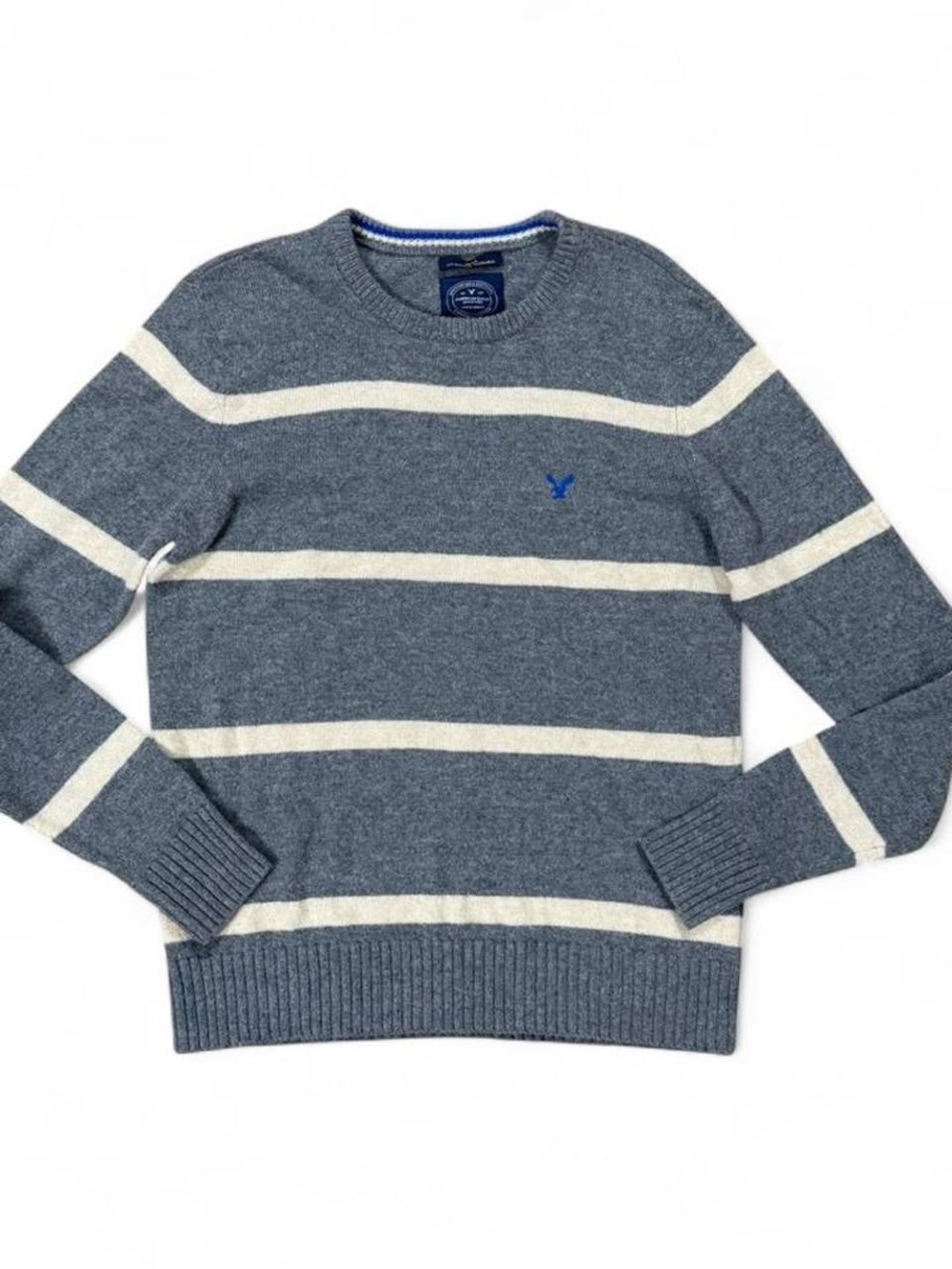 American Eagle Outfitters Gray and Cream Striped Crewneck Sweater